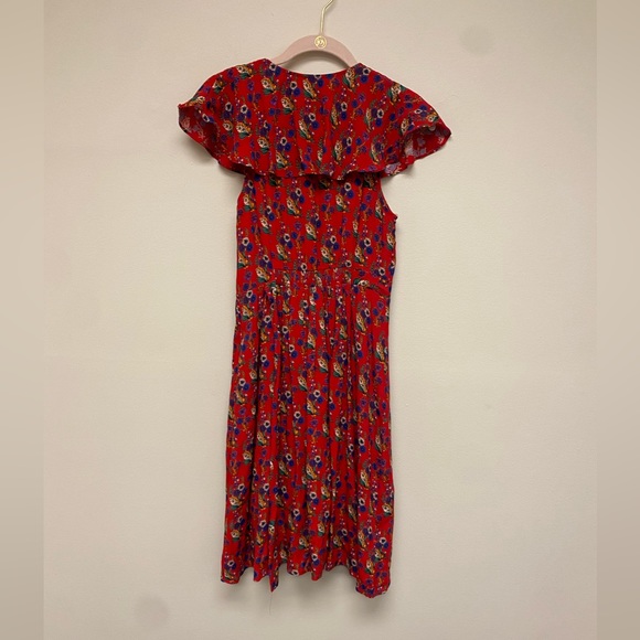 ANTHROPOLOGIE Maeve Rosalia Ruffle Shirred Red Floral Faux Wrap Dress size 4 - Picture 4 of 8